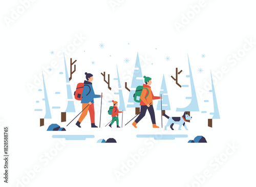 Winter hiking: backpacking tourists strolling through snow, trekking during a cold-season vacation, depicted as a flat vector illustration on a white background