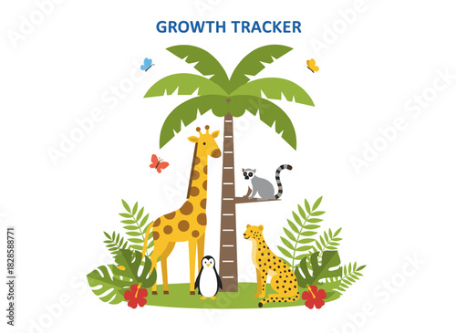 A colorful flat‑style vector illustration of a children’s height wall chart in centimeters, featuring tropical palm trees, jungle plants, and humorous cartoon exotic animals for measuring kids’