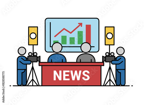 A modern TV studio scene shows smiling male and female news anchors, cameramen, and videographers with cameras, broadcasting live in real time, depicted as a flat, colorful cartoon vector