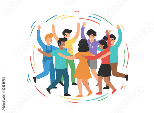 A lively scene of young men and women dancing and raving to music at a disco party, depicted in a flat vector illustration on a white background