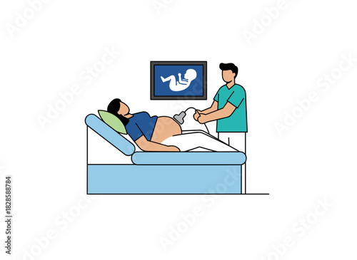 A cheerful doctor or sonographer performs an obstetric ultrasound on a pregnant woman using a medical scanner, monitoring fetal growth in a bright flat‑style cartoon vector illustration