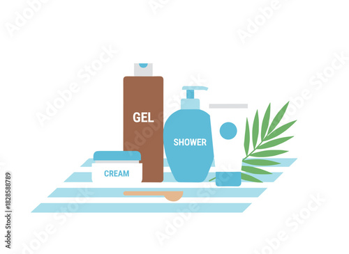 A flat vector illustration of a bottle with care products, featuring various colorful jars of organic cosmetics and a tube adorned with a tropical branch, leaves, and design elements