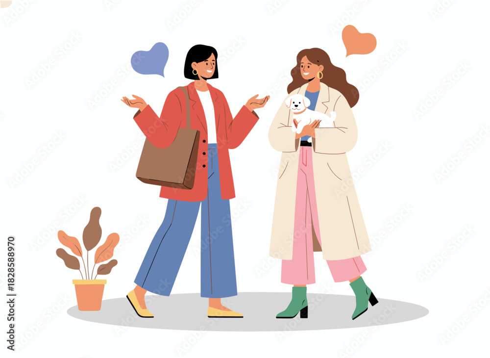 Fototapeta premium Young, smiling women walk and chat outdoors with a playful little dog, illustrated as a flat vector cartoon on a white background