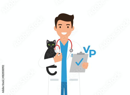 A cheerful female cartoon vet in a white coat holds a cat, depicted as a colorful flat vector illustration against a white background