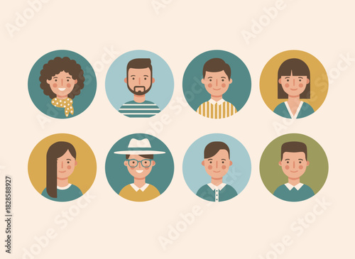 A collection of avatar images featuring diverse men and women headshots, cheerful users in circular frames, various round face profiles of multiracial individuals, all presented as flat vector