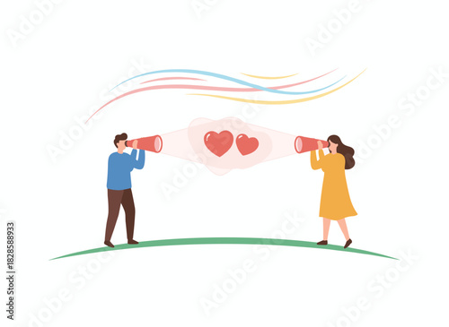 A flat vector illustration on a white background depicting a man and woman falling in love, capturing affection and passion, and embodying the concept of searching for love