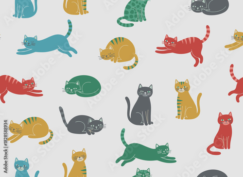 A seamless, colored pattern featuring flat illustrations of various cat breeds, set against a creative decorative background with pet vectors isolated on a gray backdrop, showcasing a funny, cute
