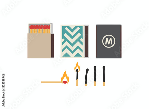A set of matches and a matchbox, with sticks in open cardboard packs, a matchstick containing sulfur that is burning and scorched, illustrated in a colorful flat vector style