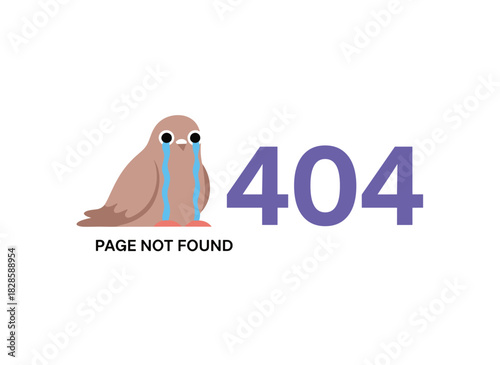 A 404 error page indicates the website is missing, featuring a humorous comic illustration of a wrong page with a crying bird, a mistake message showing access and loading failure, presented as a
