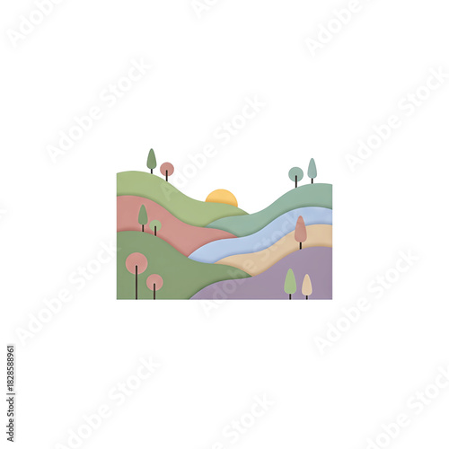 A vibrant, stylized landscape illustration depicting rolling hills and a setting sun