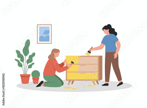 Women are decorating and painting furniture at home, while a family couple renews and repairs a chest of drawers, and people restore a cabinet together; a flat vector illustration is isolated on a