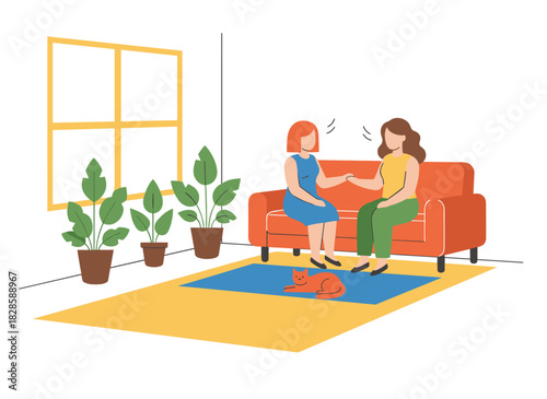 Illustration of female friends chatting on a sofa in a cozy modern living room, depicting a relaxed, happy group of young women in a flat vector style