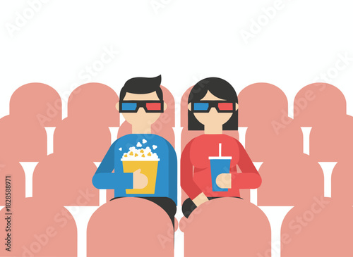 A stylish young couple in a movie theater, wearing 3D glasses, holding popcorn and a drink, depicted in a vibrant hand‑drawn illustration