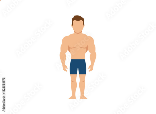 Thin, athletic young man in trunks, revealing a bare torso, posed in a standing portrait; a flat vector illustration set against a white background