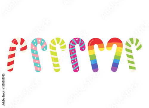 A set of Christmas sweets featuring chocolate candies wrapped in holiday paper adorned with star patterns, stripes, and Xmas drawings, presented as a sugar snack confectionery in a flat vector