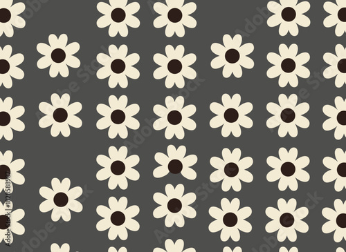 Seamless floral pattern featuring black and white daisy flowers in a groovy, endlessly repeating background, simple botanical texture, flat vector illustration suitable for textiles and wallpaper