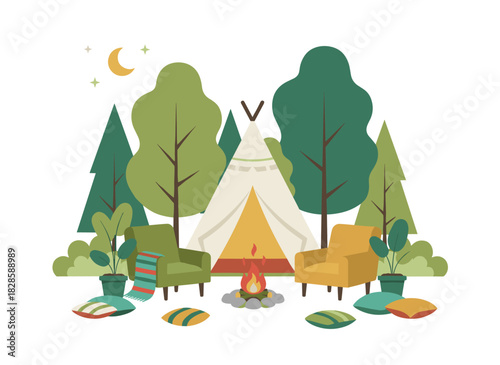 A cozy tipi nestled in a forest offers comfortable glamping with glamorous teepee-style camping, armchairs, and a fire during a summer holiday, all depicted in a luxurious outdoor recreation area as