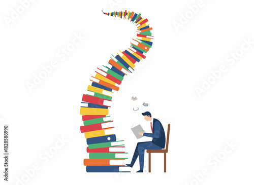 A student perusing scholarly texts in a library, surrounded by books, embodying the pursuit of learning and exam preparation, depicted as a flat vector illustration of a lone reader against a white
