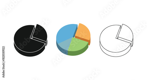 Set of three pie chart icons in solid black, 3D color, and outline style