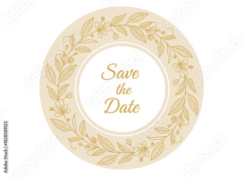 A monochrome botanical vector illustration of a save‑the‑date card template adorned with a circular frame, border, or wreath of hand‑drawn blooming garden flowers and leaves outlined in contour lines