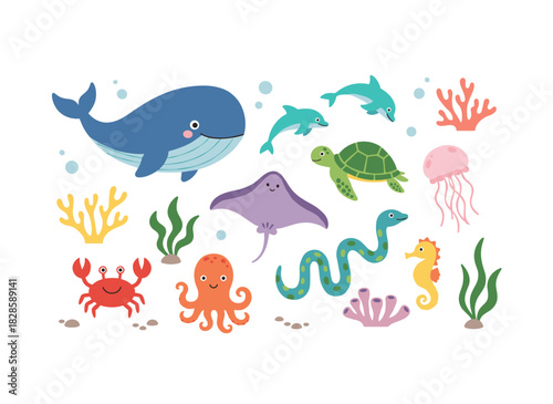 A collection of adorable sea creatures and marine plants, featuring ocean fish, algae, underwater flora and fauna, along with marine mammals like dolphins, stingrays, and jellyfish, presented as