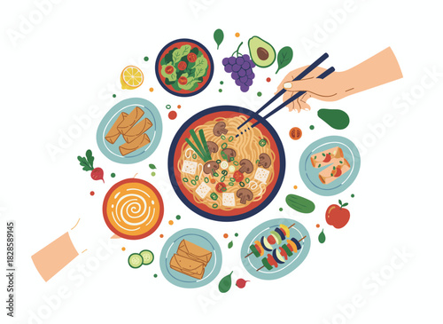 A festive vegetarian spread on a table, illustrated hand‑drawn and colorful, viewed from above, with a background ready for text
