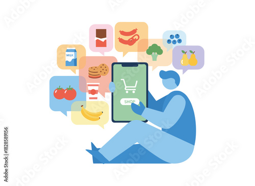 A hand using a phone to shop, ordering groceries online through a mobile app; the customer adds food items to the cart from the store, depicted in a flat vector illustration on a white background