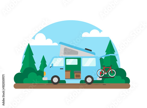 A camper van, travel car, summer holiday campervan, recreational vehicle, RV with a bicycle for camping, adventure, and nature vacations, presented as a flat vector illustration on a white background