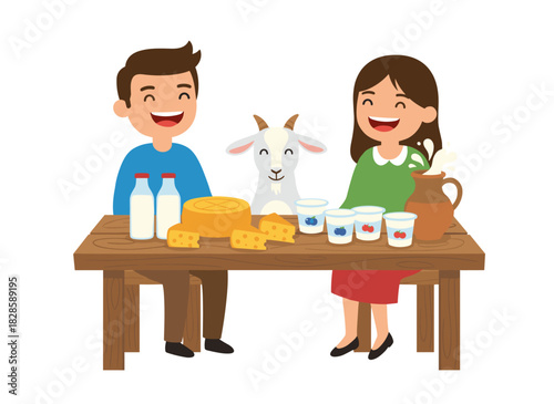 Farmers pair with dairy goods such as goat milk, cheese, and curd, offering local natural food, healthy agricultural production, and nutrition at the farm market, depicted in a flat vector