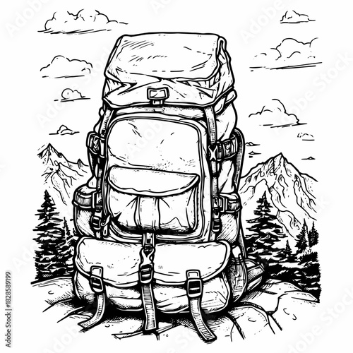 Backpack. Line art illustration. Hiking and wanderlust
