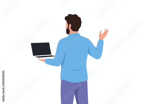 A businessman seen from behind, holding a laptop while standing in an office, portrayed as a male employee in a turned pose in a flat vector illustration on a white background