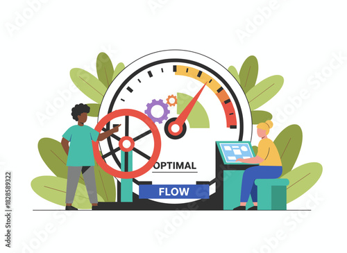 Benchmarking, analysis of business performance metrics, and comparison concepts; entrepreneurs examining data, indicators, and efficiency measurements; a flat vector illustration on a white