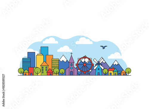 A horizontal view of a downtown business district featuring modern skyscrapers, illustrating city development, construction, and architecture in a colorful flat vector style