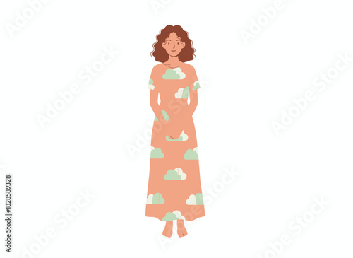 A woman unbuttons her dress and removes her clothing while a young girl takes off her buttoned apparel, depicting a female character in the process of undressing in a flat vector illustration on a