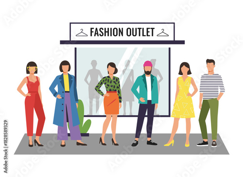 Teenagers in fashionable outfits line up outside a boutique, eagerly awaiting the shop's opening, depicted in a flat cartoon vector style