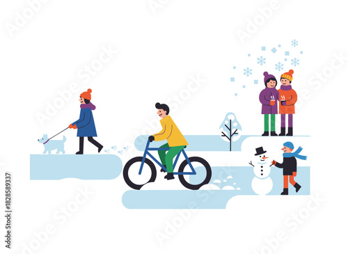 A group of small figures in winter coats strolling and engaging in outdoor activities on Christmas Eve, depicted as men and women in winter attire against a white background in a cartoon illustration