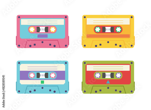 A set of retro cassettes featuring tape records from the 80s and 90s, old audio music cassettes of the eighties and nineties, compact audiocassettes rendered in a doodle style, presented as a flat