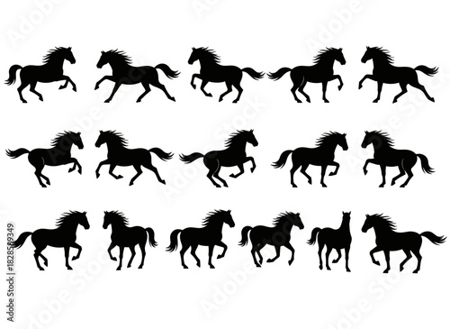 A set of horse silhouettes depicting stallions in various dynamic poses—galloping, walking, trotting, leaping, and running—shown in profile, rendered as a flat vector illustration against a white