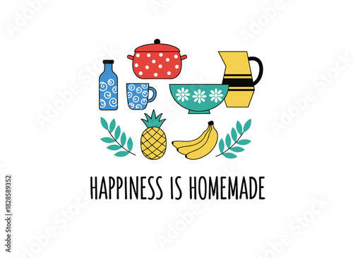 A banner template featuring kitchenware or cooking utensils, with the handwritten phrase “Happiness Is Homemade” in elegant calligraphic script, rendered as a colored vector illustration in a modern