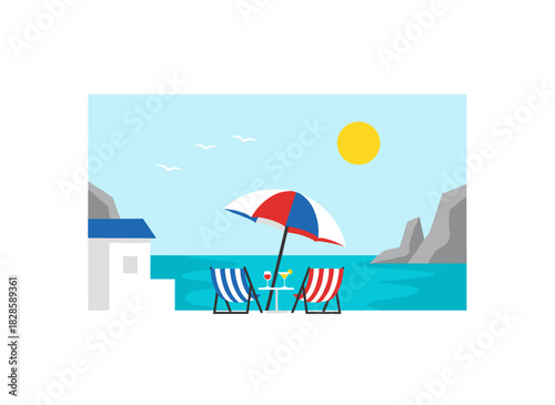 A summer scene featuring a pair of deck chairs, exotic cocktails, and an umbrella beside a hotel building, set against mountains and sea, illustrated in a modern lineart style with color