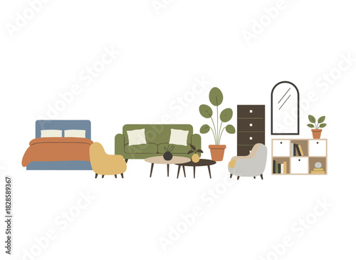 Set of home interior furnishings and décor, including sofa, couch, bed, houseplants, vases with flowers, coffee tables, and modern retro room design decorations, presented as flat vector