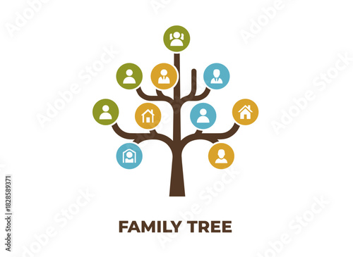 A stylized family tree or pedigree chart template featuring branches and circular photo frames set against a black background, illustrating ancestry, dynastic ancestors and descendants, rendered as a