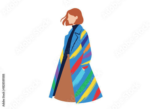 A modernly dressed man with his head turned to the side, shown in profile, wearing a colorful cardigan, turtleneck, earrings, and creative clothing, depicted as a flat vector illustration against a