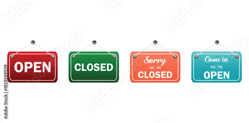 Open and closed Hanging Shop sign set, Retail Store Door Notice Icons, and 
Advertising Vector Elements