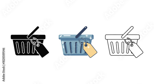Set of three shopping basket icons with price tag in solid, color, and outlined styles