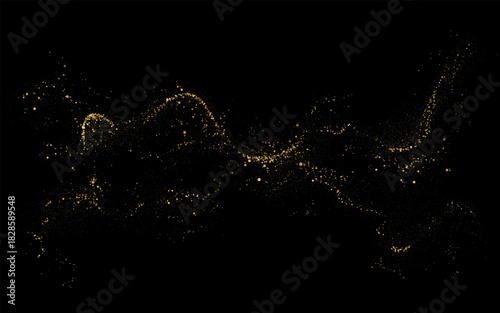 Isolated golden textured wavy illustration on black background.
