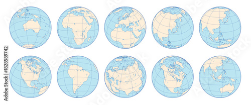 Vector set of Earth globes with grid lines. World map icons showing different continents and angles. Flat line art planet illustrations for global geography, travel, and international business
