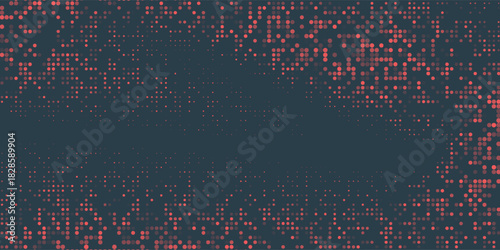 Vector Chequered Halftone Pattern Smooth Curved Border Red Blue Abstract Background. Checkered Rounded Square Dots Blur Texture Pop Art Design. Modern Half Tone Graphic Minimalist Art Wide Wallpaper