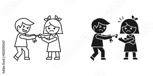 Cartoon kids fighting over a toy with an angry face, sibling rivalry concept for educational materials