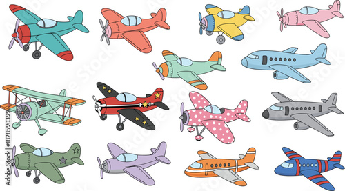 Set of colorful cartoon airplanes, including propeller planes, biplanes, and jets, illustrating transport, travel, aviation, and children's education vector drawing.